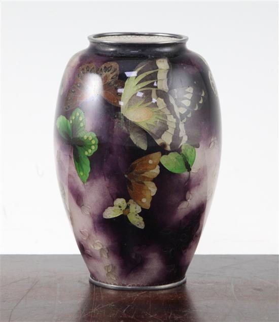 A Japanese plique a jour enamel ovoid vase, c.1910-20, height 12.5cm, hairline cracks